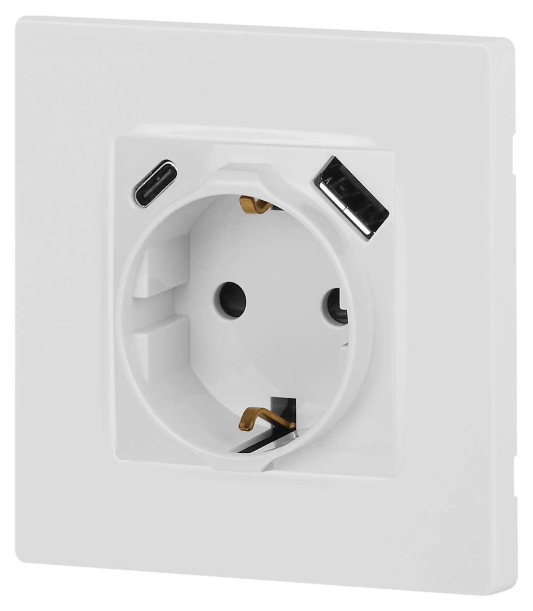 фото розетка эра серия 12 12-4108-01 2p+e 16a-250в со шторками с usb type-a+c 5в-3а белый б0067752 | 220svet.ru