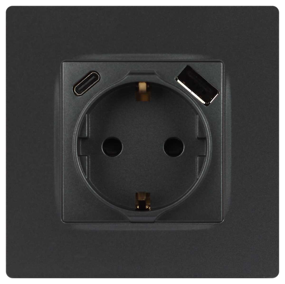фото розетка эра серия 12 12-4108-12 2p+e 16a-250в со шторками с usb type-a+c 5в-3а графит б0067700 | 220svet.ru
