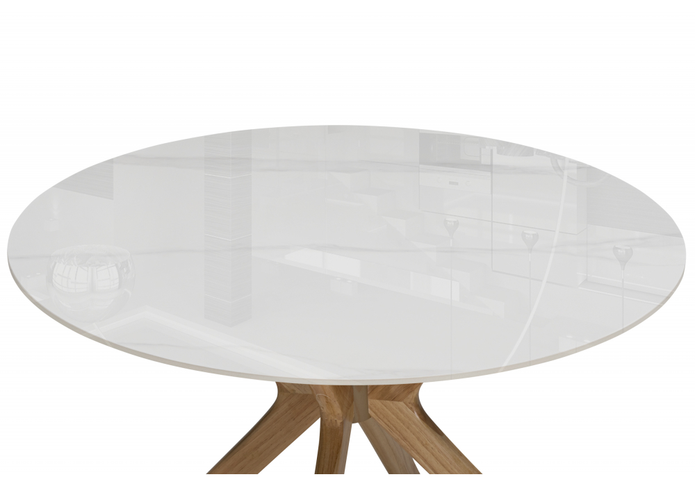 фото керамический стол woodville unika round белый мрамор / светлое дерево 15976 | 220svet.ru