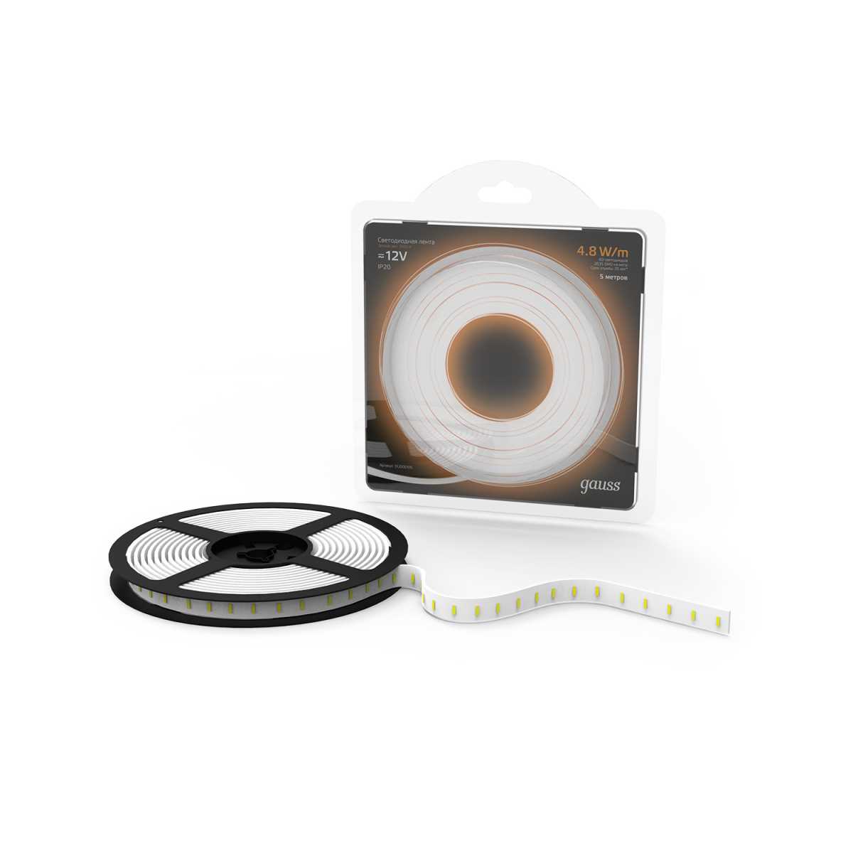 фото светодиодная лента gauss 4,8w/m 60led/m 2835smd теплый белый 5m 312000105 | 220svet.ru