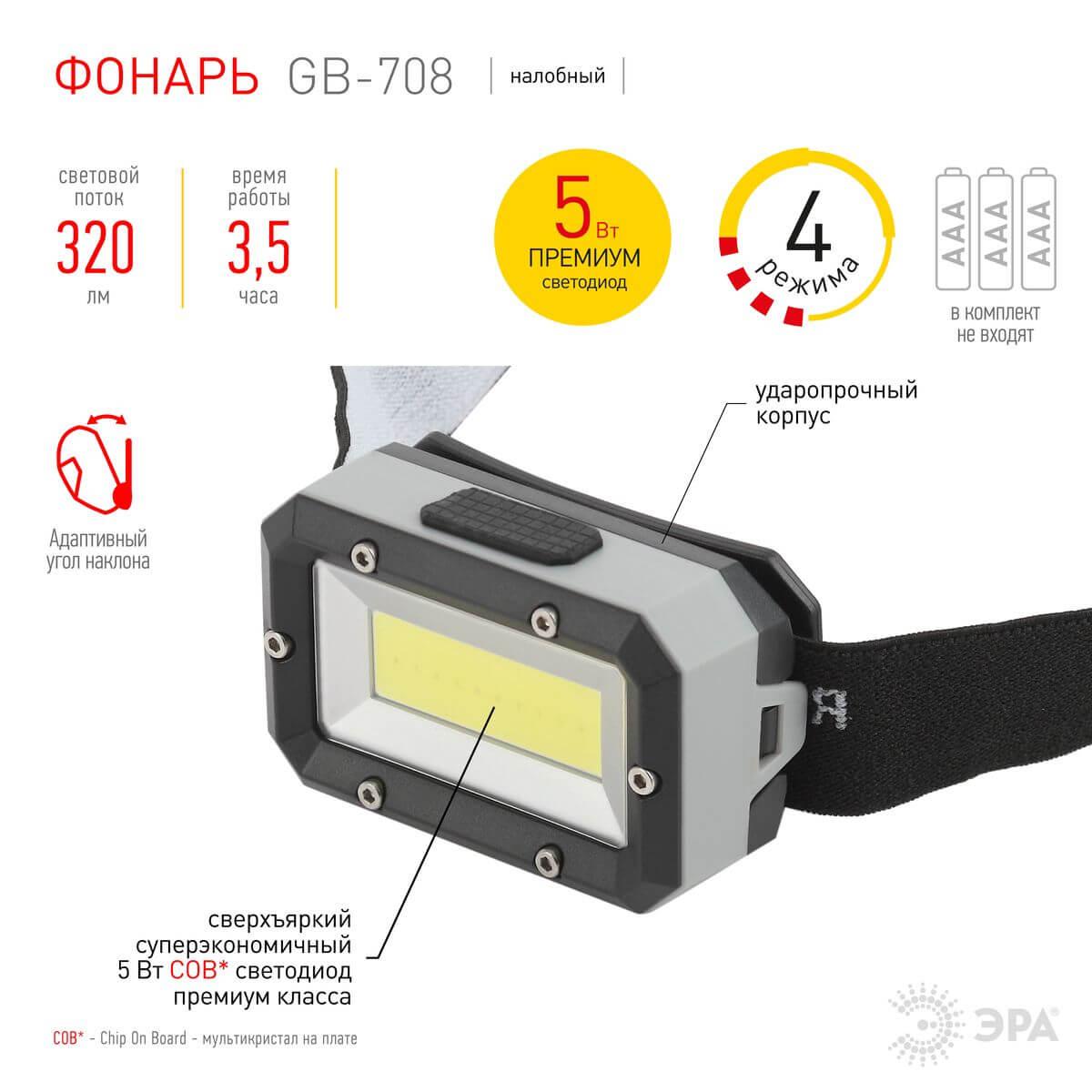 фото налобный светодиодный фонарь эра от батареек 30х30х63 320 лм gb-708 б0052750 | 220svet.ru