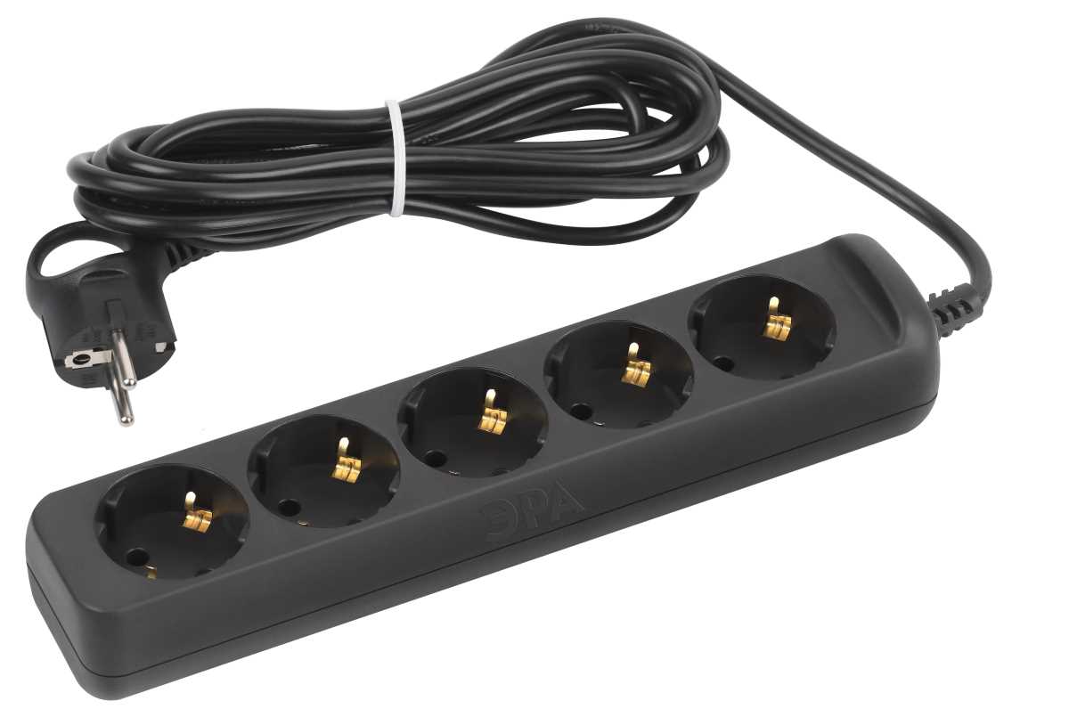фото удлинитель электрический эра ux-5e-5m-b с заземлением 5 розеток 5 м пвс 3х0,75мм2 10а черный б0057726 | 220svet.ru