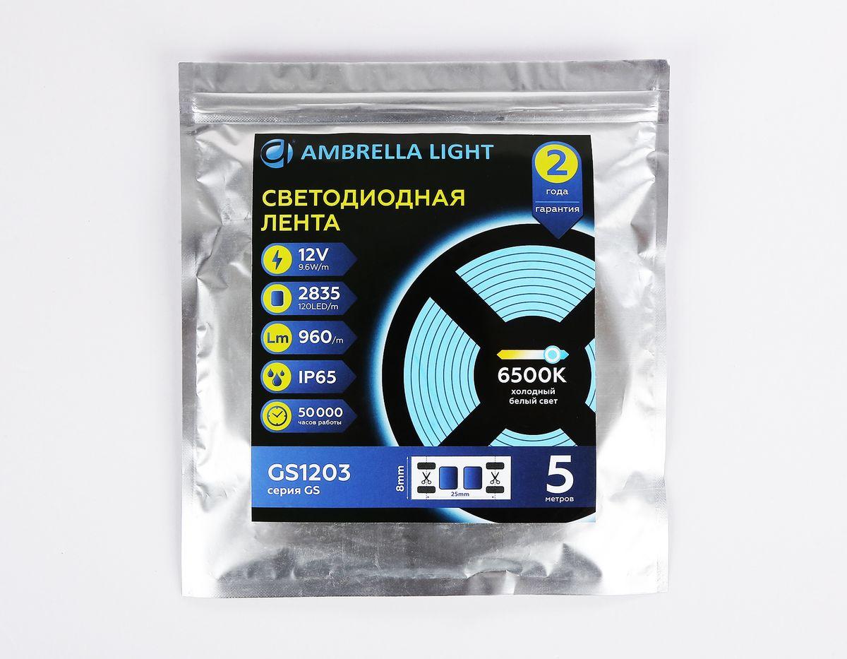 фото светодиодная влагозащищенная лента холодный белый ambrella light 9,6w/m 120led/m 2835smd 6500к 5m gs1203 | 220svet.ru